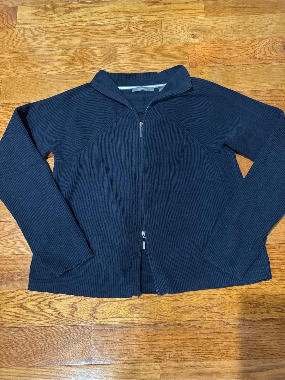 Liz Claiborne Navy Ribbed Full-Zip Sweater- 100% Cotton